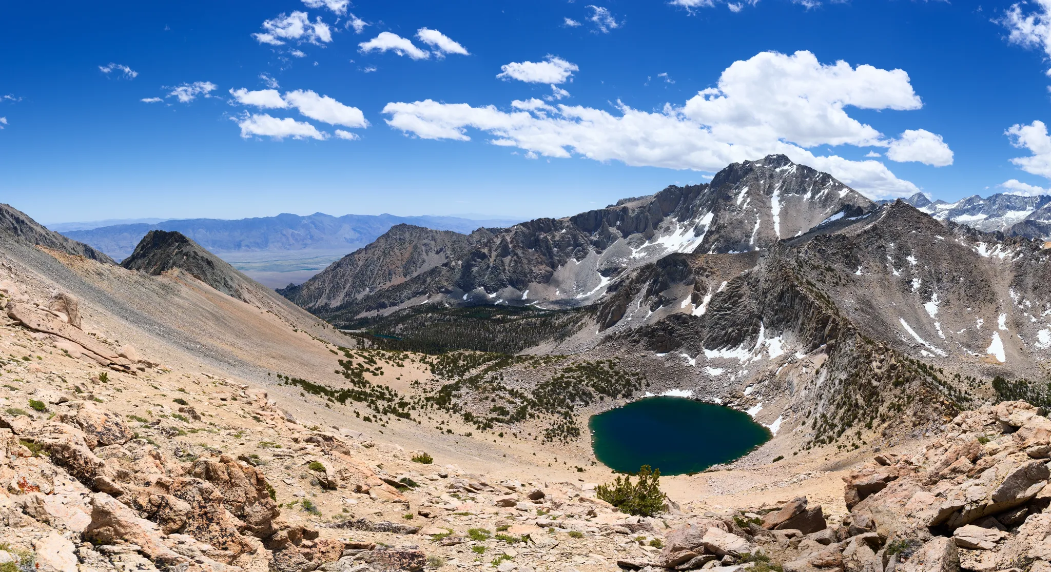 A view of Kearsarge Pass from Mt Gould in Inyo National Forest, CA on the Kearsarge Pass Trail at midday in Summer.