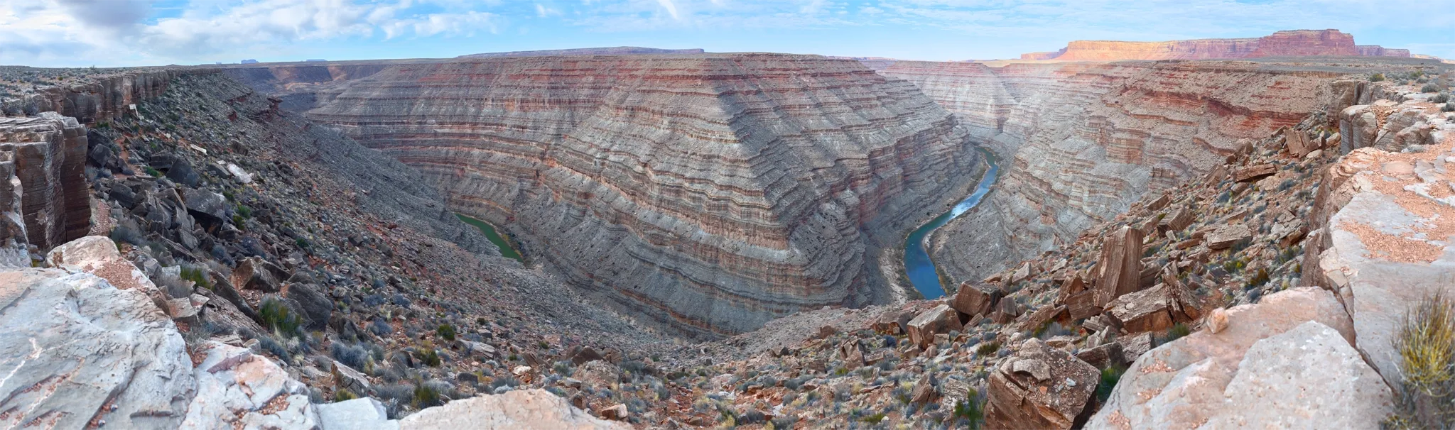 A view of San Juan Descent: The Honaker Trail featuring San Juan River in Bears Ears National Monument, UT on the Honaker Trail during the afternoon in Winter.